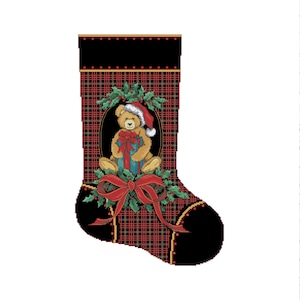 Christmas Stocking, Gift Bearing Teddy, Counted Cross Stitch Pattern, Victorian Bear Toy, Xstitch Decor, Needlework Chart, Instant download