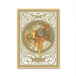 Blonde woman, Counted Cross Stitch pattern PDF, Alphonse Mucha, Art Nouveau, Girl Flowers, Portrait of a woman, Romantic girl