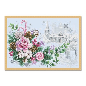 Christmas Sentiment, Counted Cross Stitch Pattern, Winter Snowflake, Tree, Modern Hand Xstitch, Needlepoint, Landscape, Instant Download PDF