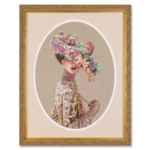 Élégance victorienne, motif de point de croix, motif numérique PDF, décor moderne, femme avec un bouquet, motif floral, tableau de point d’aiguille à la main