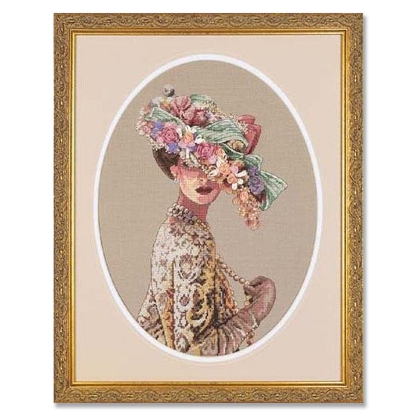 Élégance victorienne, motif de point de croix, motif numérique PDF, décor moderne, femme avec un bouquet, motif floral, tableau de point d’aiguille à la main