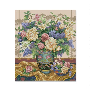 Oosterse pracht, kruissteekpatroon, PDF digitaal patroon, modern decor, lentebloemen, oosterse vaas, bloemengrafiek, Instant Download