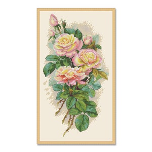 Vintage rozen, geteld kruissteekpatroon, oosterse bloemen, digitaal patroon PDF, bloemenkaart, patroon van wilde bloemen, boeketborduurwerk