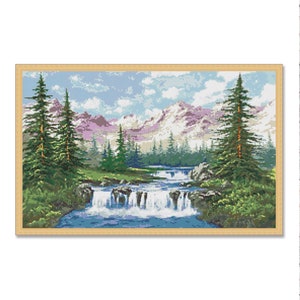 Berglandschaft Kreuzstichmuster Bergfluss Wasserfall Sommerlandschaft Handstickerei Handtabelle Digitales Muster