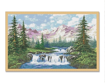 Mountain landscape Counted Cross Stitch Pattern Mountain river Waterfall Summer Landscape Hand Embroidery Needlework Chart Digital Pattern