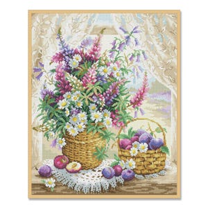 Wilde bloemen, telpatroon, bloemen in een mandje, digitale patroon-pdf, bloemenpatroon wilde bloemen, borduurwerk boeket