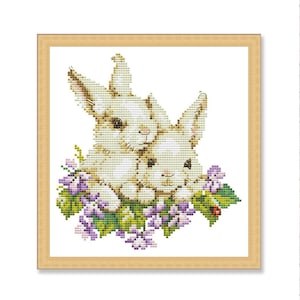 Rabbits, Counted Cross Stitch pattern, Animal, Spring Flowers, Hand Xstitch Decor
