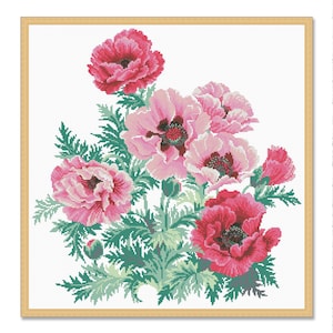 Roze anemonen, geteld kruissteekpatroon, aquarel anemonen, digitale patroon pdf, bloemmotief, patroon wilde bloemen, bloemenkaart