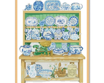May include: A wooden cabinet with two shelves filled with blue and white china. The cabinet has a wooden top with a scale, a basket of flowers, and a jar that says "Bread".