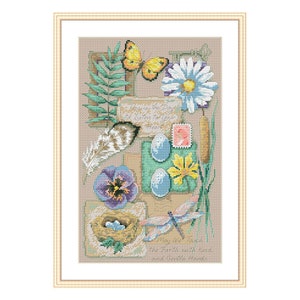Könnte beinhalten: Kreuzstichmuster mit einer Collage aus Naturelementen, darunter ein Schmetterling, Blumen, ein Vogelnest und eine Libelle. Das Muster enthält den Text "This is the Day to Listen for Your Heart".