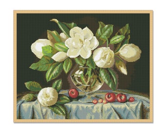 Bouquet de Magnolia, modèle de point de croix, modèle numérique PDF, décor moderne, motif Xstitch de fleurs de printemps, téléchargement instantané de tableau floral
