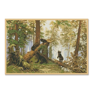 May include: A painting depicting a forest scene with three brown bears. The bears are standing on a fallen tree trunk. The forest is filled with tall trees and green foliage. The sky is a light blue colour.