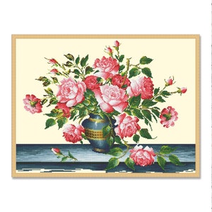 Red roses in a vase, Cross Stitch Pattern, PDF Digital Pattern, Spring Garden Flowers, Xstitch Pattern, Floral Chart, Instant Download