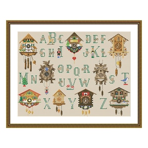 Alfabeto de reloj, muestrario ABC, patrón de punto de cruz contado, letras florales, personalización de letras, decoración para habitación de niños, alfabeto vintage