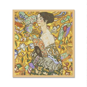 Vrouw met een waaier, Geteld Kruissteekpatroon, Hand Xstitch Decor, Portret van een vrouw, Art Nouveau-stijl, Romantisch meisje, Dromen