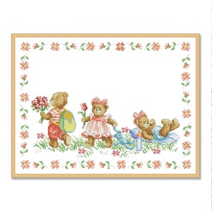 Picnic de osos de peluche, Patrón de punto de cruz contado PDF, Registro de nacimiento, Muestra de animales bebés, Personalización, Juguetes divertidos, Alfabeto infantil, ABC