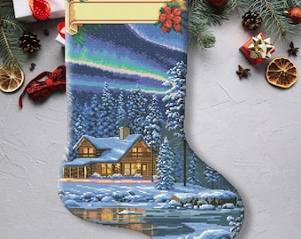 Christmas Stocking, Aurora Cabin, Counted Cross Stitch Pattern, Xstitch Decor, Needlepoint Chart, Instant download PDF