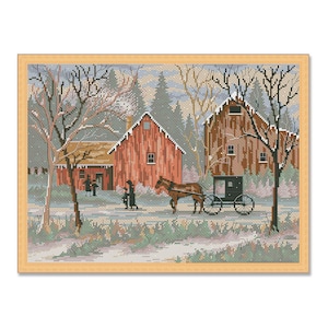Verschneiter Sonntag, Kreuzstich Muster, Winter Landschaft Muster, Sofort Download PDF, Handtabelle, Dorf Cottage, Pferd