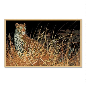 May include: A leopard with brown and black spots is camouflaged in tall, dry grass against a black background. The leopard is looking to the right of the image.