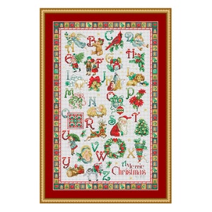 Alfabeto de Navidad, Sampler ABC, Patrón de punto de cruz contado, Letras florales, Personalización de letras, Alfabeto vintage