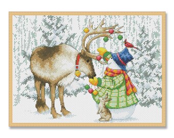 Christmas Reindeer Cross Stitch Pattern, Snowman Winter Folk Art, Holiday PDF Chart, Rustic Xmas Embroidery