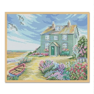 Sea View Cottage, Counted Cross Stitch Pattern, Village Cottage, Summer, Hand Embroidery, Needlepoint Chart, Digital Pattern PDF