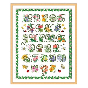 Tuinalfabet, tuin ABC, geteld kruissteekpatroon, bloemenletters, belettering personalisatie, decor voor kinderkamer, tuinbloem ABC