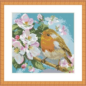 Vogel in bloemen, geteld kruissteekpatroon, vogels op een tak, lentevogel, download digitaal patroon PDF, hand Xstitch decor