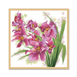 Mooie orchideeën, geteld kruissteekpatroon, digitaal patroon PDF, violetroze bloemen, oosterse wilde bloemenpatroon, boeketborduurwerk