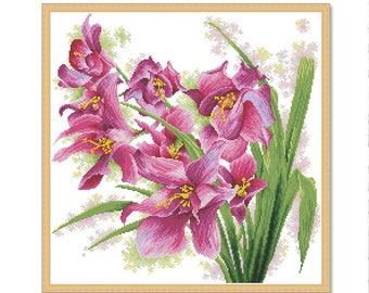Lindas orquídeas, padrão de ponto cruz contado, padrão digital PDF, flores rosa violeta, padrão de flores silvestres orientais, bordado de buquê