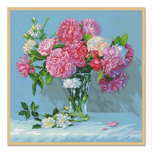 Boeket van pioenrozen, geteld kruissteekpatroon, digitaal patroon, bloemenpatroon met wilde bloemen, boeketborduurwerk, Instant Download PDF