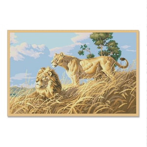 Afrikanische Löwen, Kreuzstich Zählmuster, Wildkatze, Wildtiere, Sommerwald, Sofort Download PDF, Hand Xstitch Decor