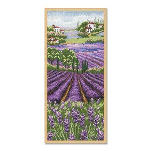 Lavendelveld, geteld kruissteekpatroon, bloemmotief, zomerlandschap, lila bloemenpatroon, Instant Download PDF