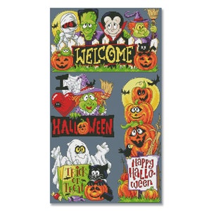 Halloween est joyeux, motif point de croix compté, Halloween, chat noir, citrouille, chauves-souris, apport, tableau de travaux d'aiguille, téléchargement immédiat PDF