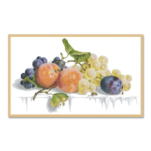 May include: A still life painting of fruit, including peaches, grapes, and plums. The fruit is arranged on a white tablecloth with a green leaf in the foreground.