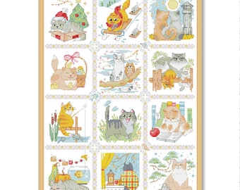 Cat Calendar, Counted Cross Stitch Pattern, Sun, Animals, Flowers, Holiday calendar, Seasons Sampler, Instant Download PDF