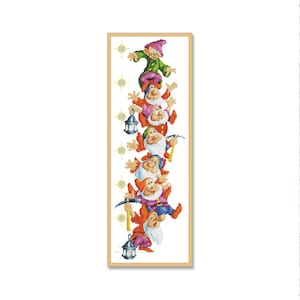 Siete gnomos, Patrón de punto de cruz contado, Medidor de altura, Costura de gnomos, Personajes de dibujos animados, Gráfico de punto de aguja para habitación de niños
