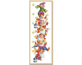 Seven gnomes, Counted Cross Stitch Pattern, Height meter, Gnomes Stitching, Cartoon characters, Needlepoint Chart for kids room