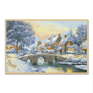 Winter Village Cross Stitch Pattern PDF Snowy Landscape Cozy Cottages Stone Bridge Christmas Embroidery Chart Instant Download Needlework