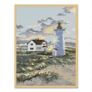Lighthouse, Counted Cross Stitch Pattern, Summer Landscape, Hand Embroidery, Needlepoint Chart, Digital Pattern PDF, Seagulls Boat, Sea Wave