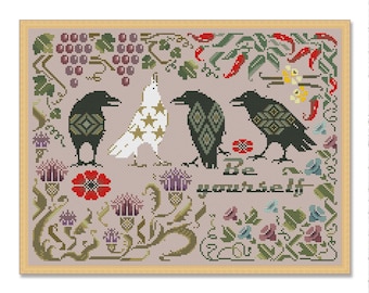 Sampler White Crow, Counted Cross Stitch Pattern, Flowers, Bird, Multicolor Sampler, Nature, Floral Antique Sampler, Instant Download