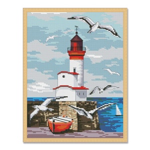 Lighthouse, Counted Cross Stitch Pattern, Summer Landscape, Hand Embroidery, Needlepoint Chart, Digital Pattern PDF, Seagulls Boat, Sea Wave