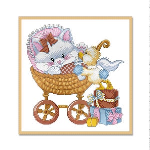 Linda niña gatita, patrón de punto de cruz contado PDF, registro de nacimiento, muestra de animales bebés, personalización, juguetes divertidos, alfabeto infantil, ABC