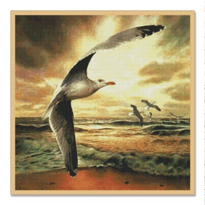 Sea Shore, Counted Cross Stitch Pattern, Sea Waves, Seagulls, Summer Landscape, Hand Embroidery, Needlepoint Chart, Digital Pattern PDF