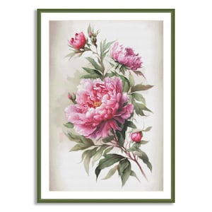 Pioenrozen, geteld kruissteekpatroon, digitaal patroon, bloemmotief, patroon met wilde bloemen, boeketborduurwerk, Instant Download PDF