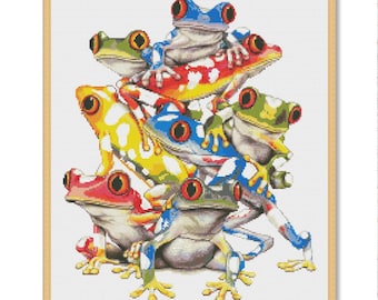 Colorfull Frogs, Counted Cross Stitch pattern, Funny Animal, Hand Xstitch Decor, Cute Frog, Frog cross stitch, Frog pattern