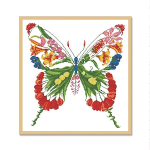 Bloemenvlinder, geteld kruissteekpatroon, bloemenkaart, natuurkruissteek, insecten, violetroze, bloemenpatroon, download PDF