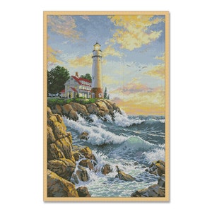 Rocky Point, Lighthouse, Counted Cross Stitch Pattern, Summer Landscape, Needlepoint Chart, Digital Pattern PDF, Seagulls, Boat, Sea Wave