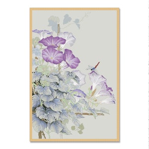 Enredadera de acuarela, Patrón de punto de cruz contado, Libélula, Patrón digital PDF, Patrón floral, Patrón de flores silvestres, Carta floral de jardín