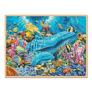 May include: Two blue dolphins swim through a vibrant coral reef. The reef is filled with colorful fish, sea anemones, and other marine life. The water is clear and blue, and the sun shines brightly above.
